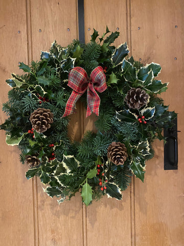 Noble Fir Backed Holly Wreath Decorated